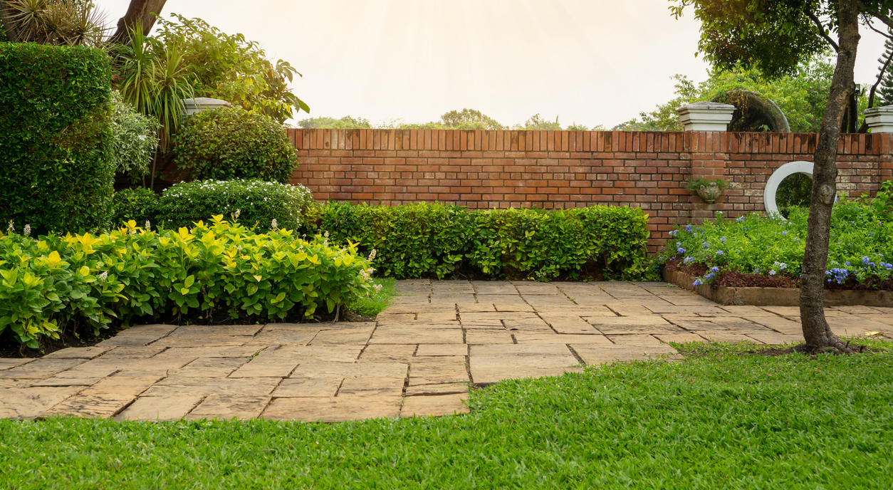 Back and front yard cottage garden, flowering plant and green grass lawn, brown pavement and orange brick wall, evergreen trees on background, in good care maintenance landscaping in park